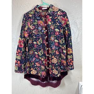 Amanda Blue Velvet Trimmed Floral Button Down Shirt Blouse Womens Size Medium